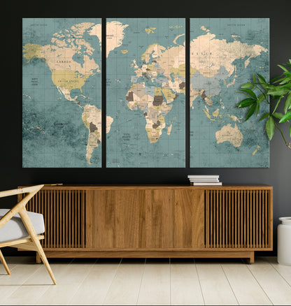 Classic World Map Wall Art Canvas Print, Framed Retro Map Art Picture Print, Vintage Atlas Perfect Rustic Explorer Decor Artwork