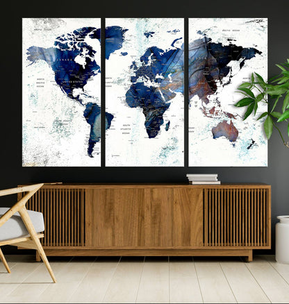 Push Pin World Map Canvas Print – Framed Wall Art for Couples to Track Their Travels – Anniversary Gift or Home Adventure Decor
