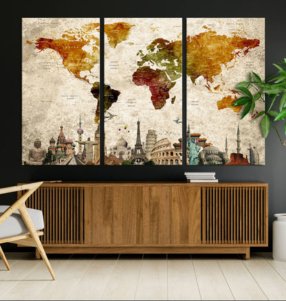 Push Pin World Map Canvas Print – Framed Wall Art for Couples to Track Their Travels – Anniversary Gift or Home Adventure Decor