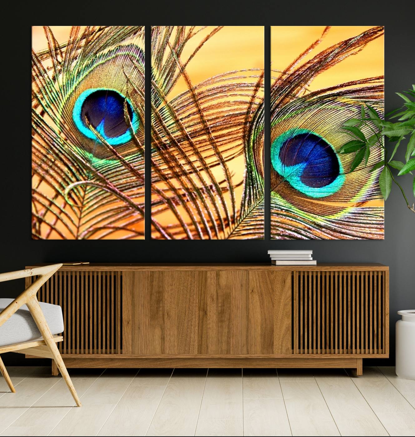 Peacock Feather Wall Art Print - Vibrant Green, Blue, and Orange Peacock Feather Design, Ready to Hang