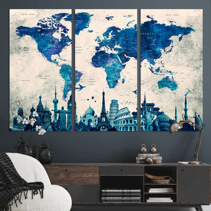 Navy Blue World Map Canvas Print, Wonder of World Map Push Pin Canvas Print