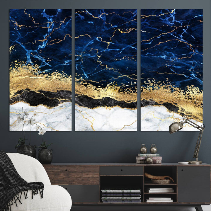 Navy Blue Marble Fluid Effect Wall Art Abstract Canvas Wall Art Print