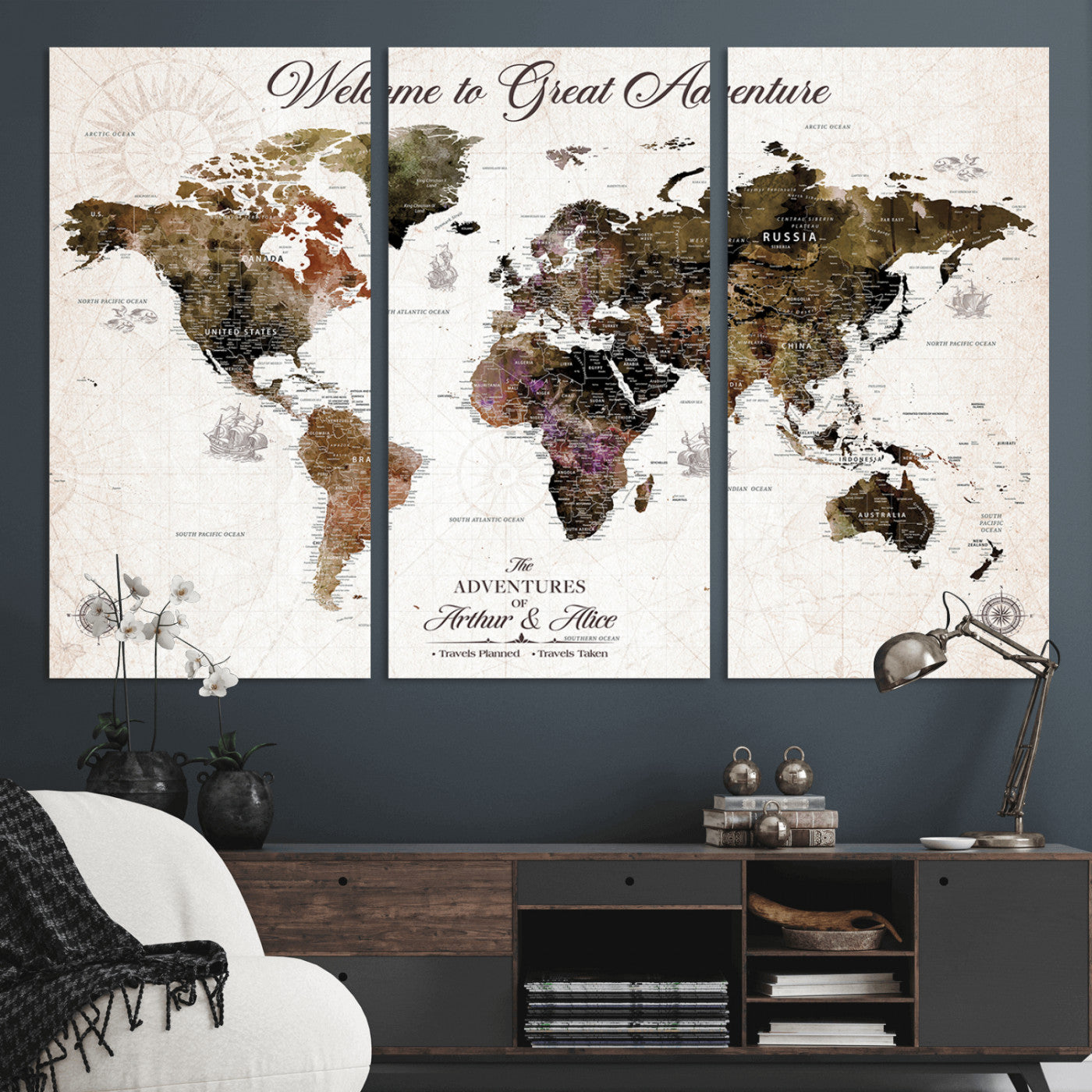 35778202-MGV-CV-36X24-Custom Push Pin World Map Wall Canvas Print – Personalized Travel Map with Pins – Framed Large Canvas for Home Office Decor