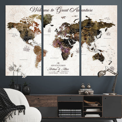 35778202-MGV-CV-36X24-Custom Push Pin World Map Wall Canvas Print – Personalized Travel Map with Pins – Framed Large Canvas for Home Office Decor