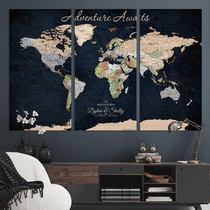 43186793-MGV-CV-30X20-Personalized World Map Print, Customizable Push Pin Framed World Map Print on Canvas - Custom Quote on Map Print
