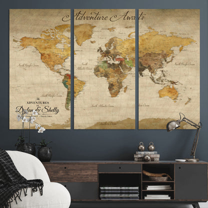 50298017-MGV-CV-36X24-Personalized World Map Print, Customizable Push Pin Framed World Map Print on Canvas - Custom Quote on Map Print