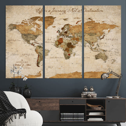 79036691-MGV-CV-30X20-Custom Push Pin World Map Wall Canvas Print – Personalized Travel Tracker with Pins – Framed Custom Quotie Canvas for Home Office Decor