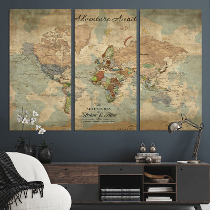 60798273-MGV-CV-30X20-Custom Push Pin World Map Wall Canvas Print – Personalized Travel Tracker with Pins – Framed Custom Quotie Canvas for Home Office Decor