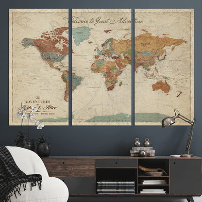 17587858-MGV-CV-36X24-Custom Push Pin World Map Wall Canvas Print – Personalized Travel Tracker with Pins – Framed Custom Quotie Canvas for Home Office Decor