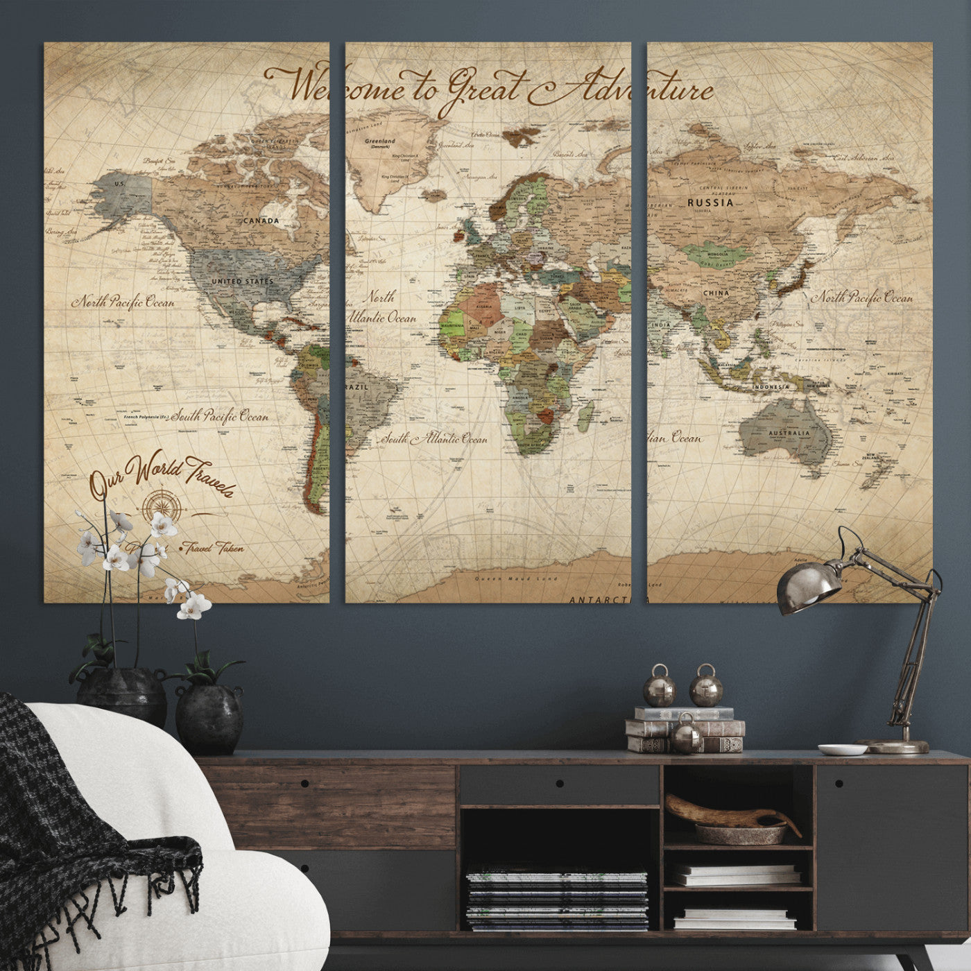 76478536-MGV-CV-30X20-Custom Push Pin World Map Wall Canvas Print – Personalized Travel Tracker with Pins – Framed Custom Quotie Canvas for Home Office Decor