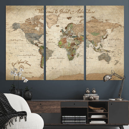76478536-MGV-CV-30X20-Custom Push Pin World Map Wall Canvas Print – Personalized Travel Tracker with Pins – Framed Custom Quotie Canvas for Home Office Decor