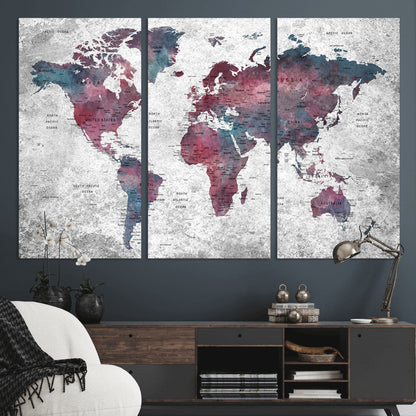 Push Pin World Map Canvas Print – Framed Wall Art for Couples to Track Their Travels – Anniversary Gift or Home Adventure Decor