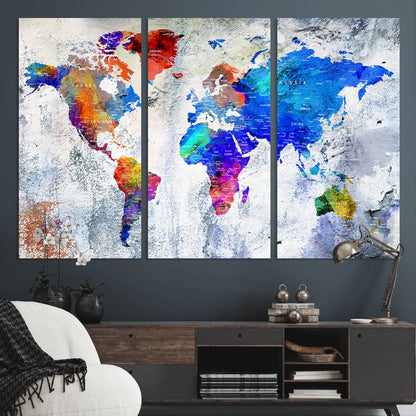 Push Pin World Map Canvas Print – Framed Wall Art for Couples to Track Their Travels – Anniversary Gift or Home Adventure Decor