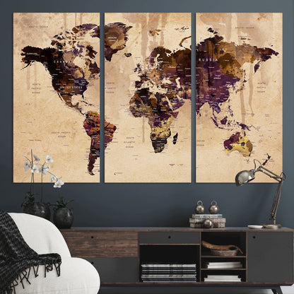 Push Pin World Map Canvas Print – Framed Wall Art for Couples to Track Their Travels – Anniversary Gift or Home Adventure Decor