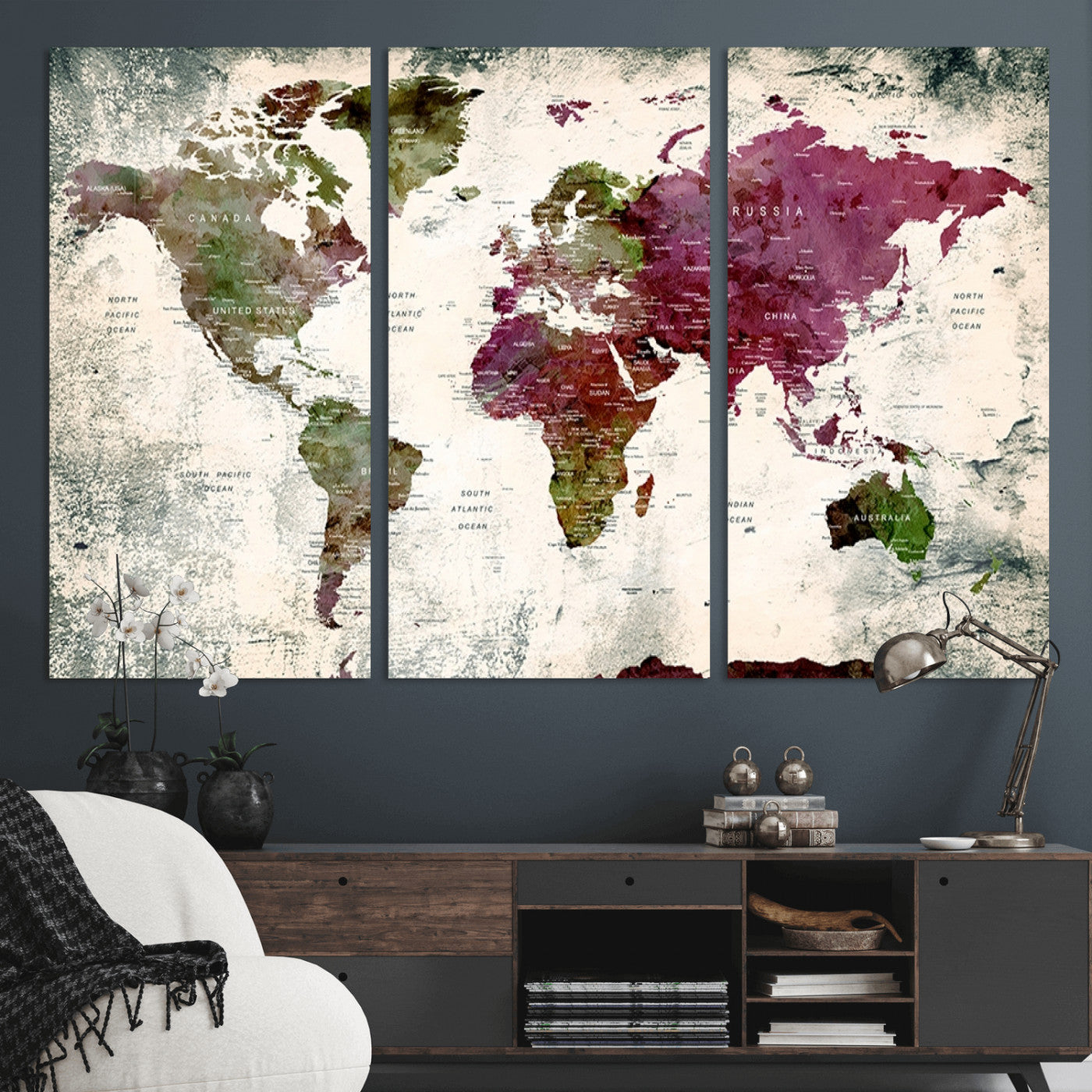 Push Pin World Map Canvas Print – Framed Wall Art for Couples to Track Their Travels – Anniversary Gift or Home Adventure Decor