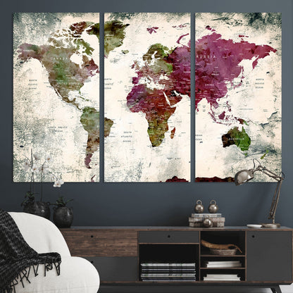 Push Pin World Map Canvas Print – Framed Wall Art for Couples to Track Their Travels – Anniversary Gift or Home Adventure Decor
