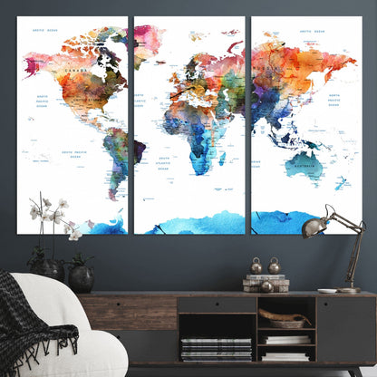 Push Pin World Map Canvas Print – Framed Wall Art for Couples to Track Their Travels – Anniversary Gift or Home Adventure Decor