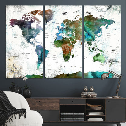 Push Pin World Map Canvas Print – Framed Wall Art for Couples to Track Their Travels – Anniversary Gift or Home Adventure Decor