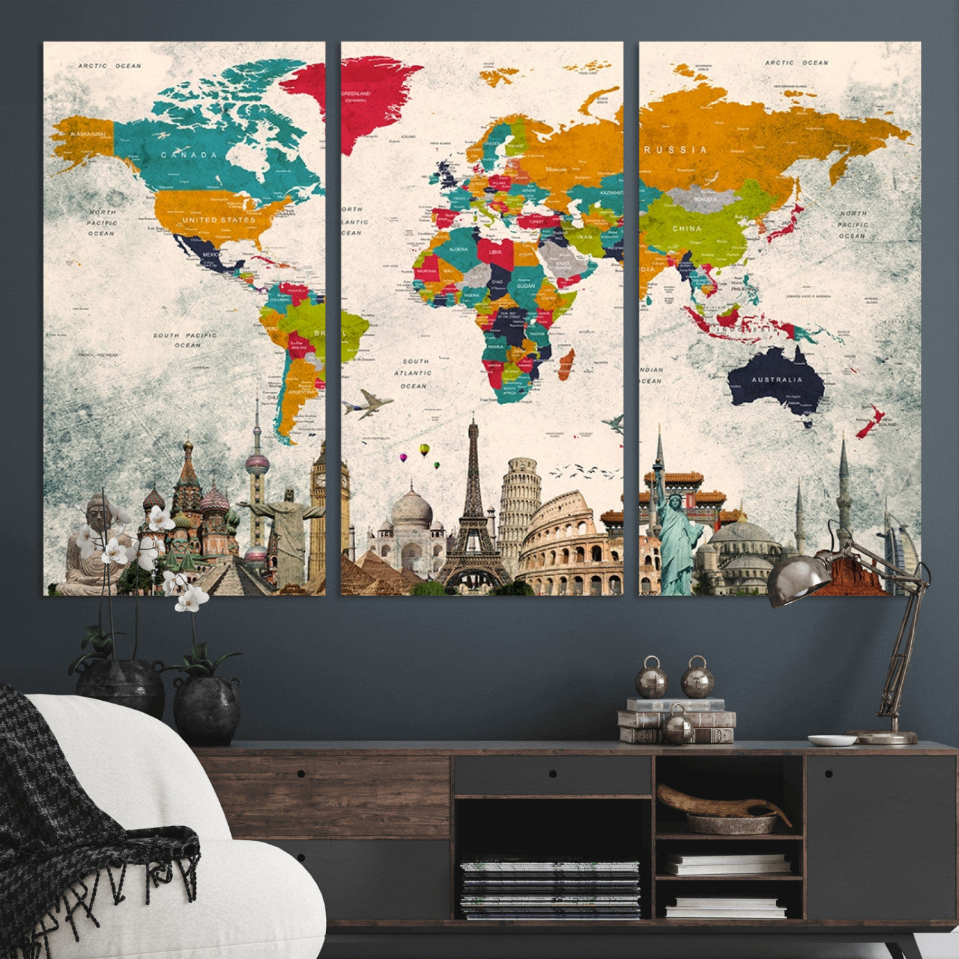 Push Pin World Map Canvas Print – Framed Wall Art for Couples to Track Their Travels – Anniversary Gift or Home Adventure Decor