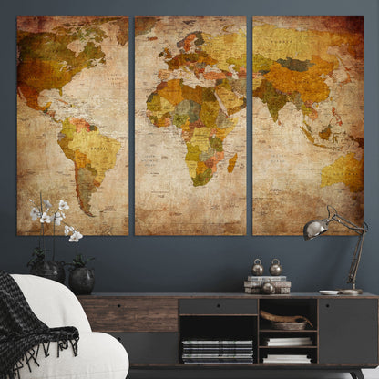 Push Pin World Map Canvas Print – Framed Wall Art for Couples to Track Their Travels – Anniversary Gift or Home Adventure Decor