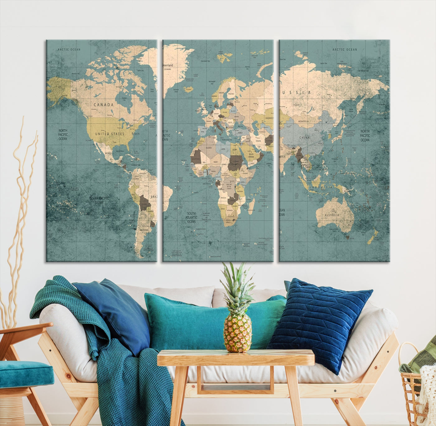 Classic World Map Wall Art Canvas Print, Framed Retro Map Art Picture Print, Vintage Atlas Perfect Rustic Explorer Decor Artwork