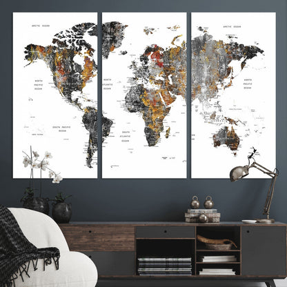 Push Pin World Map Canvas Print – Framed Wall Art for Couples to Track Their Travels – Anniversary Gift or Home Adventure Decor