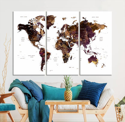 Push Pin World Map Canvas Print – Framed Wall Art for Couples to Track Their Travels – Anniversary Gift or Home Adventure Decor