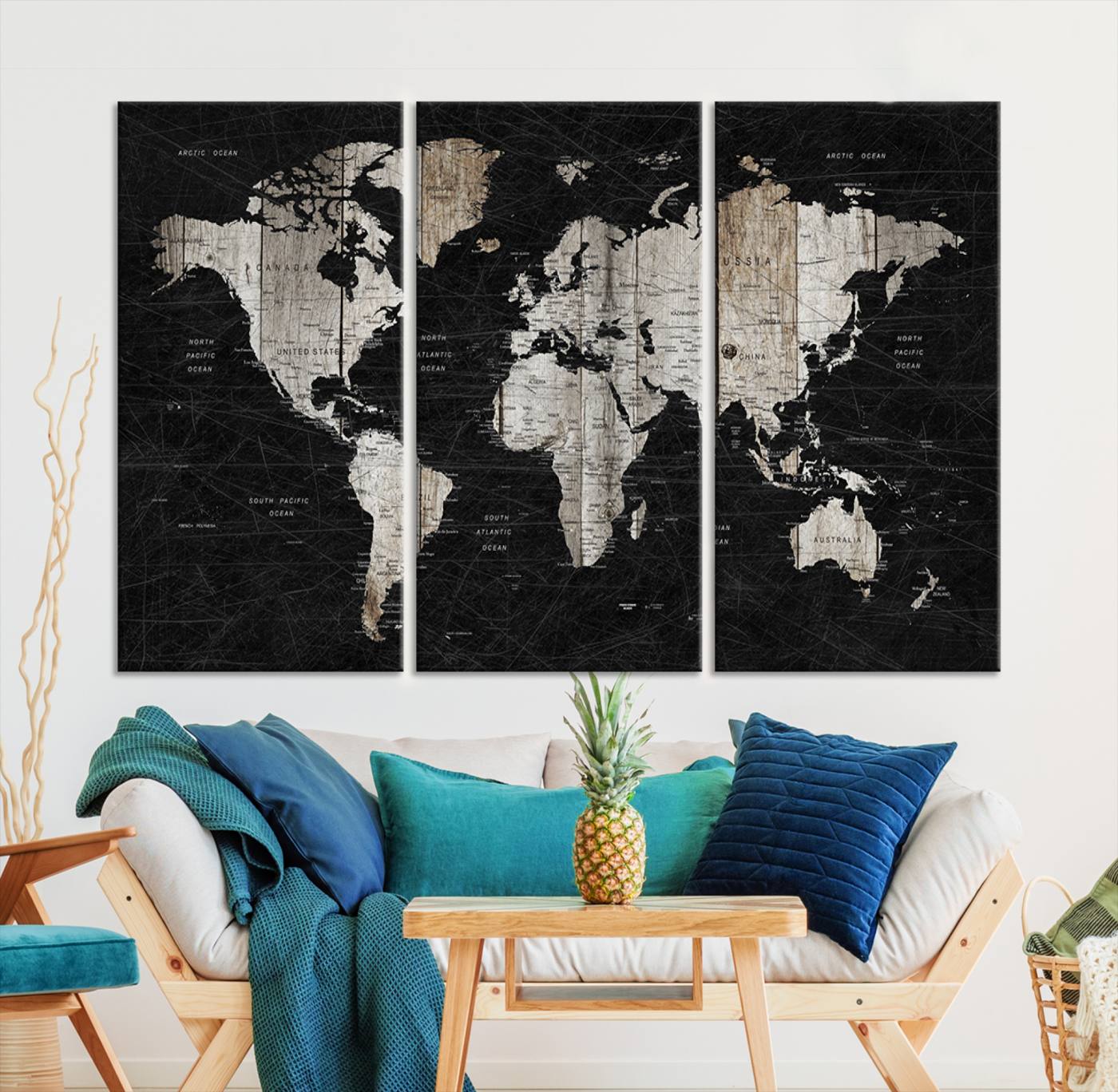 Push Pin World Map Canvas Print – Framed Wall Art for Couples to Track Their Travels – Anniversary Gift or Home Adventure Decor