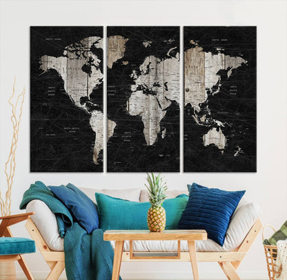 Push Pin World Map Canvas Print – Framed Wall Art for Couples to Track Their Travels – Anniversary Gift or Home Adventure Decor