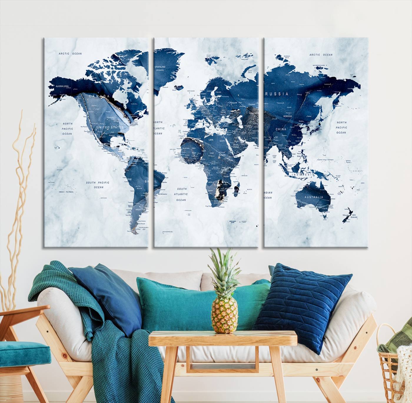 Push Pin World Map Canvas Print – Framed Wall Art for Couples to Track Their Travels – Anniversary Gift or Home Adventure Decor