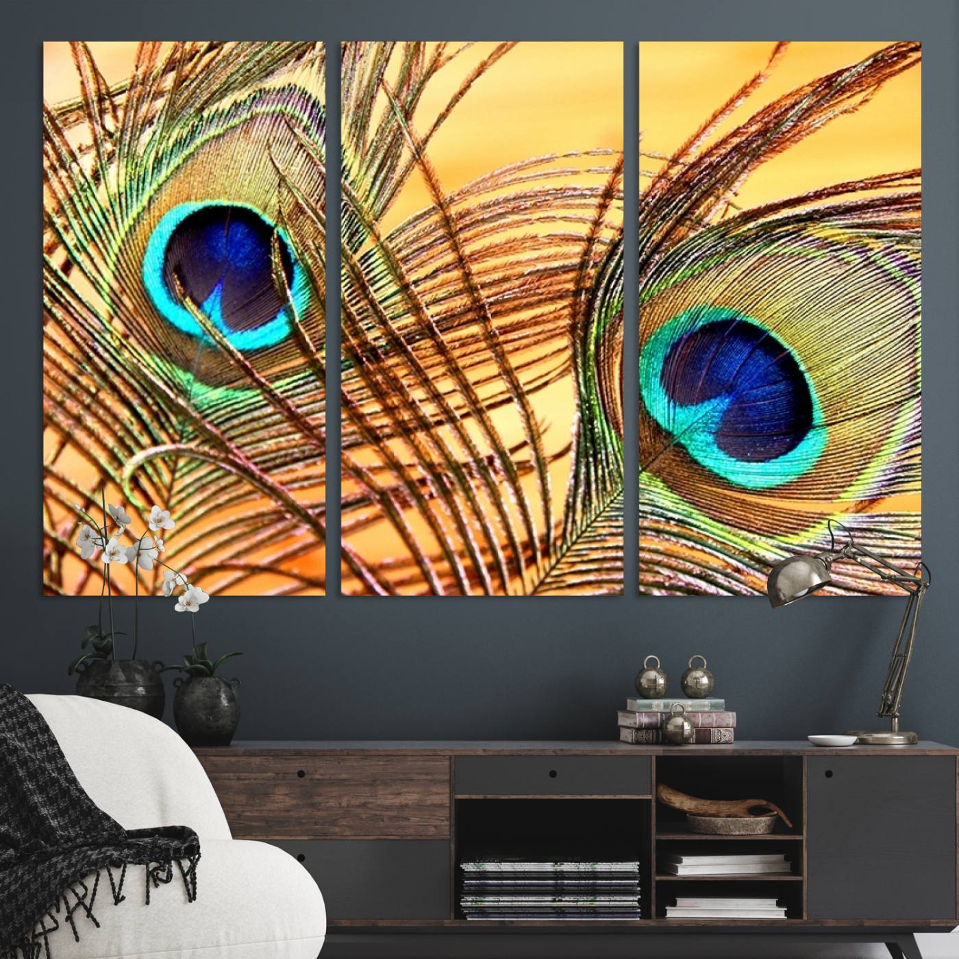 Peacock Feather Wall Art Print - Vibrant Green, Blue, and Orange Peacock Feather Design, Ready to Hang
