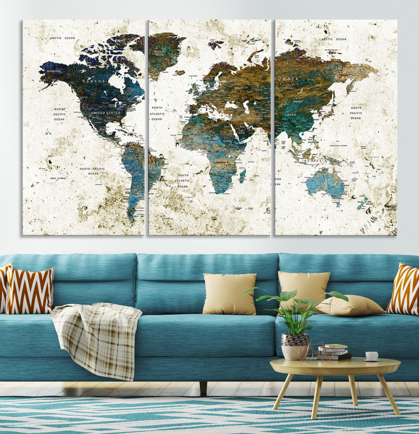 Vintage World Map Wall Art Canvas Print, Framed Rustic Earth Map Art Picture Print, Antique Map Perfect Rustic Vintage Decor Artwork