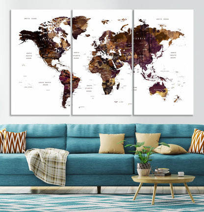 Push Pin World Map Canvas Print – Framed Wall Art for Couples to Track Their Travels – Anniversary Gift or Home Adventure Decor