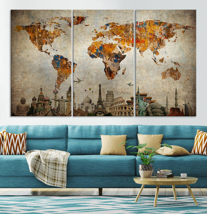Push Pin World Map Canvas Print – Framed Wall Art for Couples to Track Their Travels – Anniversary Gift or Home Adventure Decor