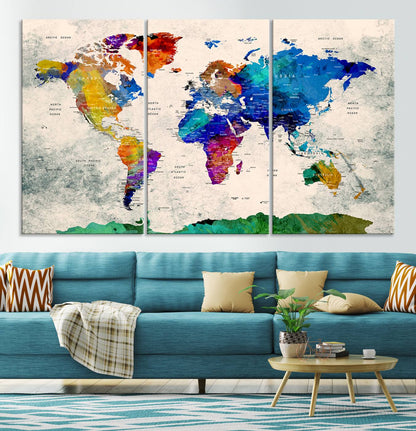 Push Pin World Map Canvas Print – Framed Wall Art for Couples to Track Their Travels – Anniversary Gift or Home Adventure Decor