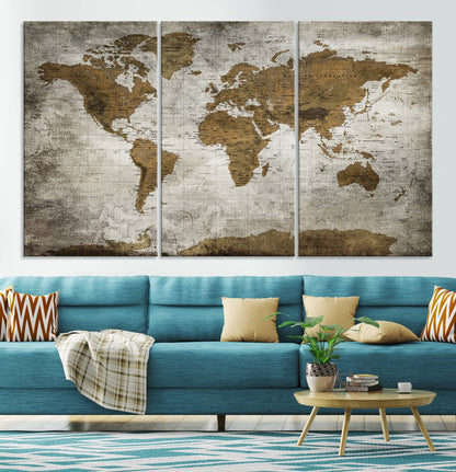 Push Pin World Map Canvas Print – Framed Wall Art for Couples to Track Their Travels – Anniversary Gift or Home Adventure Decor