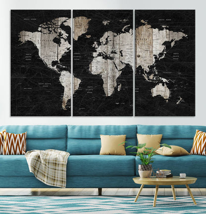 Push Pin World Map Canvas Print – Framed Wall Art for Couples to Track Their Travels – Anniversary Gift or Home Adventure Decor