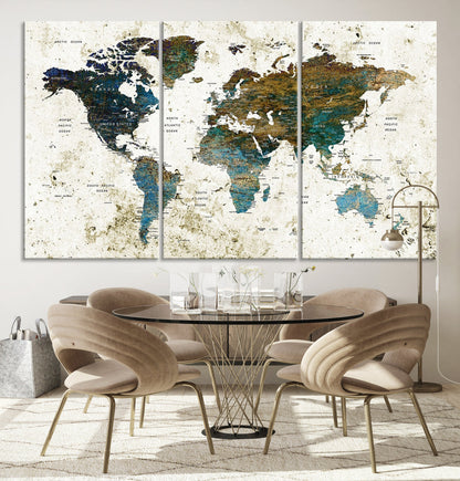 Vintage World Map Wall Art Canvas Print, Framed Rustic Earth Map Art Picture Print, Antique Map Perfect Rustic Vintage Decor Artwork