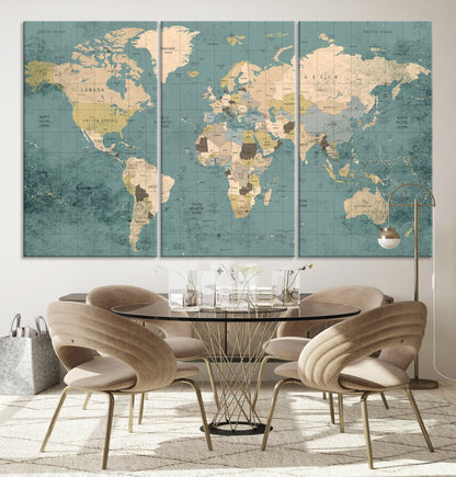 Classic World Map Wall Art Canvas Print, Framed Retro Map Art Picture Print, Vintage Atlas Perfect Rustic Explorer Decor Artwork