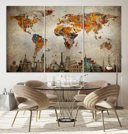 Push Pin World Map Canvas Print – Framed Wall Art for Couples to Track Their Travels – Anniversary Gift or Home Adventure Decor