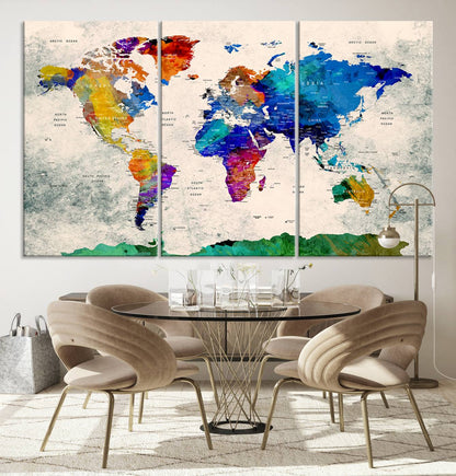 Push Pin World Map Canvas Print – Framed Wall Art for Couples to Track Their Travels – Anniversary Gift or Home Adventure Decor