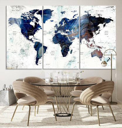 Push Pin World Map Canvas Print – Framed Wall Art for Couples to Track Their Travels – Anniversary Gift or Home Adventure Decor