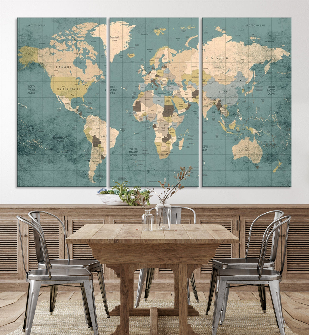 Classic World Map Wall Art Canvas Print, Framed Retro Map Art Picture Print, Vintage Atlas Perfect Rustic Explorer Decor Artwork