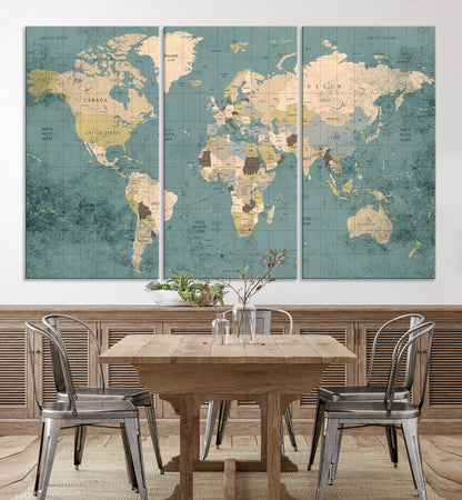 Classic World Map Wall Art Canvas Print, Framed Retro Map Art Picture Print, Vintage Atlas Perfect Rustic Explorer Decor Artwork