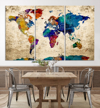 Push Pin World Map Canvas Print – Framed Wall Art for Couples to Track Their Travels – Anniversary Gift or Home Adventure Decor
