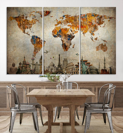 Push Pin World Map Canvas Print – Framed Wall Art for Couples to Track Their Travels – Anniversary Gift or Home Adventure Decor