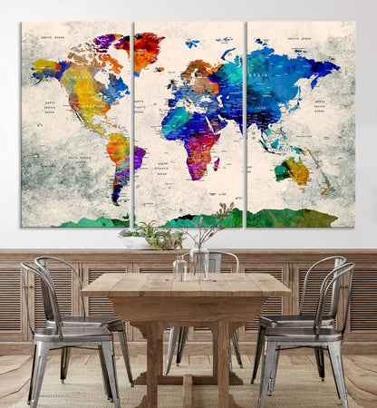 Push Pin World Map Canvas Print – Framed Wall Art for Couples to Track Their Travels – Anniversary Gift or Home Adventure Decor