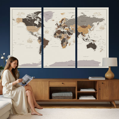 58777746-MGV-CV-36X24 - Custom Beige Modern Push Pin World Map Canvas Print, Places Visited Tracker, Bedroom and Study Decor