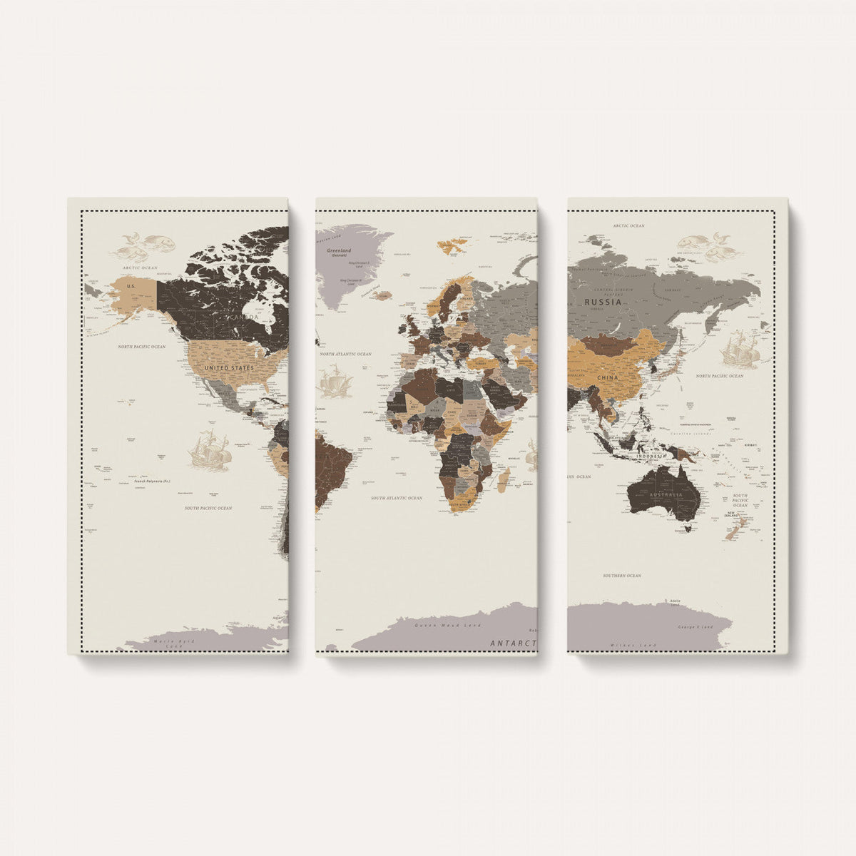 58777746-MGV-CV-36X24 - Custom Beige Modern Push Pin World Map Canvas Print, Places Visited Tracker, Bedroom and Study Decor