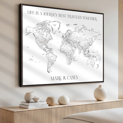 CSM02-MGV-CV-36X24-Custom Push Pin World Map Print – Personalized Canvas Wall Art for Travel Memories, Framed Gift for Couples, Anniversary or Wedding